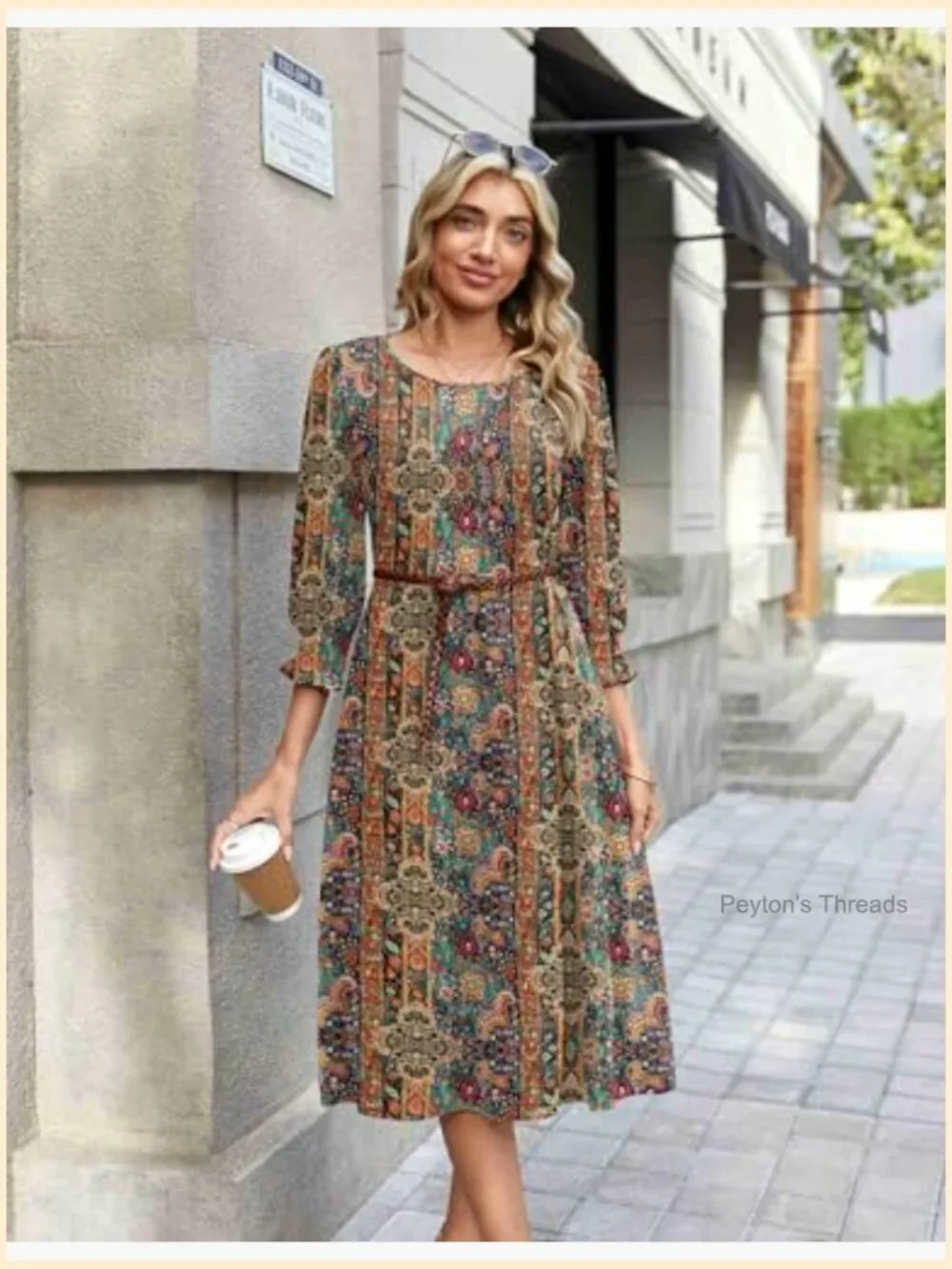 3/4 Sleeve Floral Midi Dress with Pockets Loose Fit Pull On